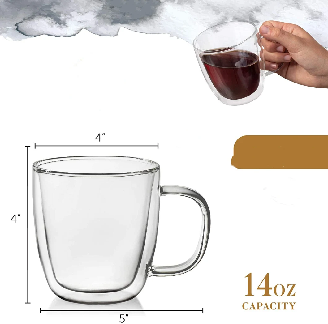 Wholesale 14 Oz 450ml Double Deck Lead-Free Glass Coffee Clear Espresso Mug for Hot and Cold Tea Lattes Coffee Beer Ice Water for Office Use