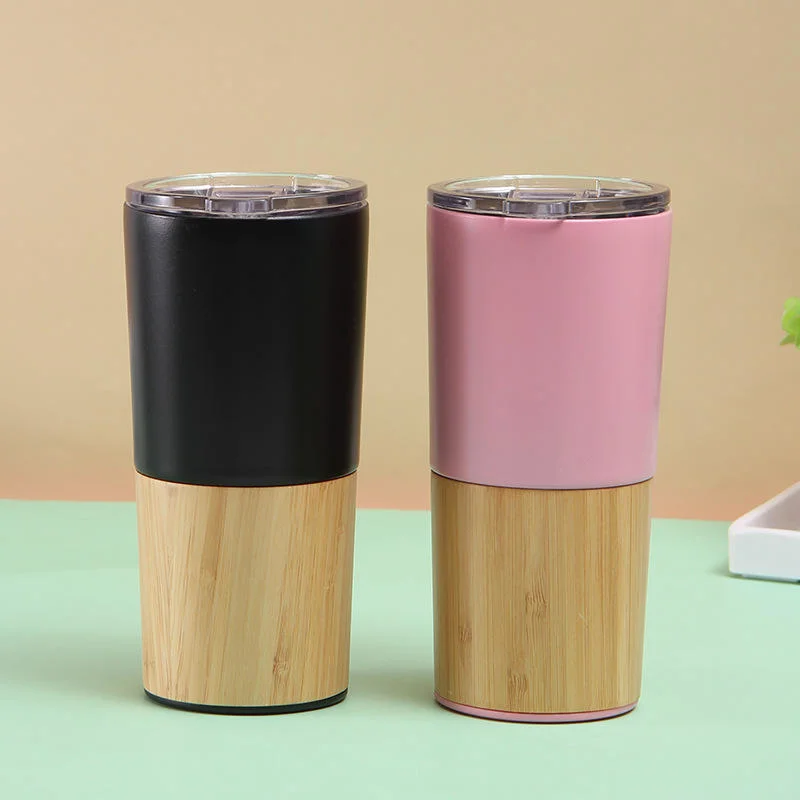 New Arrival Double Wall 18/8 Stainless Steel Insulated Coffee Cup Skinny Travel Tea Mug Handheld Bamboo Tumbler with Slide Lid