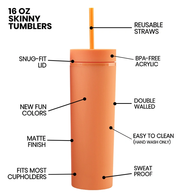 Double Wall Skinny Tumbler 16oz Plastic Tumbler with Straw