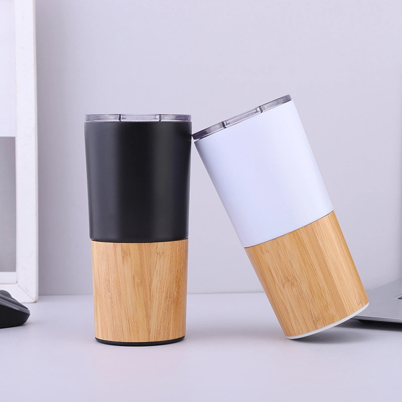 New Arrival Double Wall 18/8 Stainless Steel Insulated Coffee Cup Skinny Travel Tea Mug Handheld Bamboo Tumbler with Slide Lid