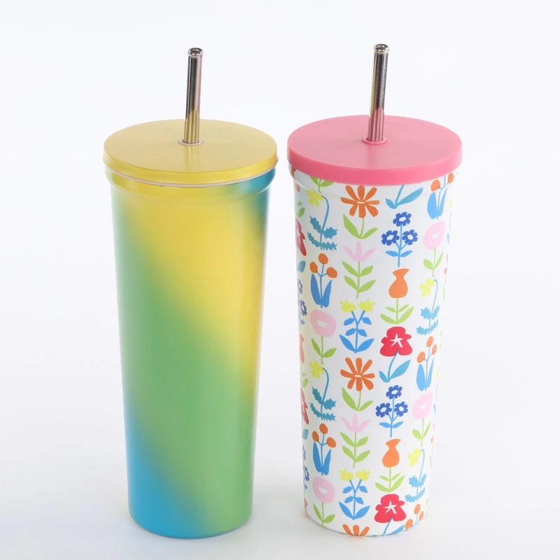 Full Wrap Print 24oz Stainless Steel Insulated Slim Skinny Tumbler with Straw