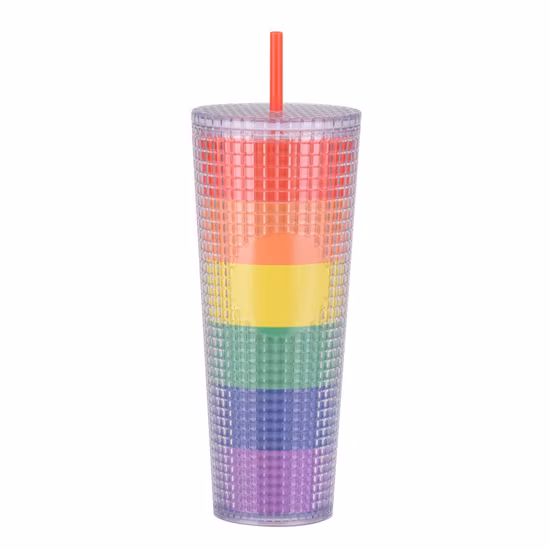 Caneca de café Copo plástico 710 ml Cores UV Parede dupla 24 oz Copo cravejado com canudo