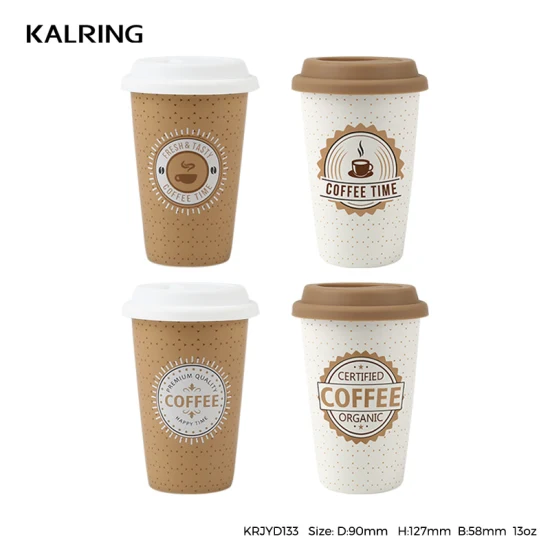 Kalring China Wholesale Travel Matt Glaze Brown Paper Color Coffee Design Silicone Cover 13 oz Travel Mug